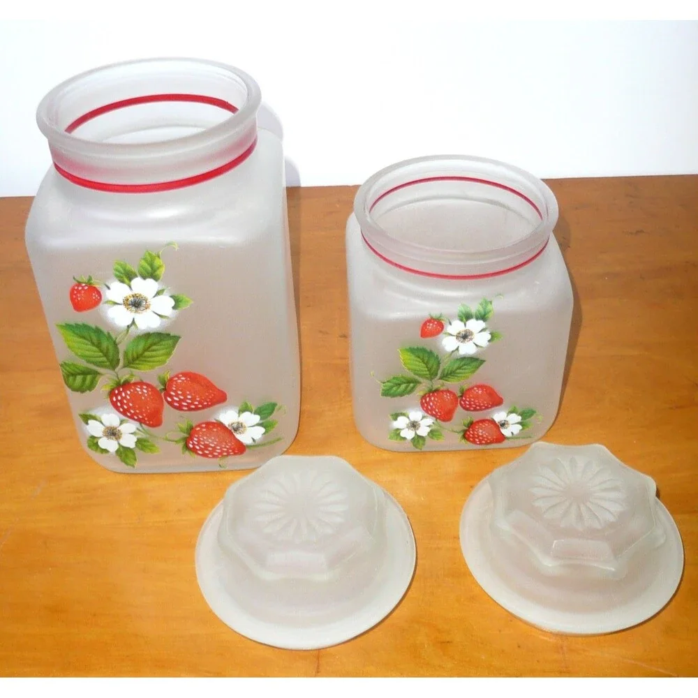 Vintage Anchor Hocking Strawberry Canister Set, 4 Piece Frosted/Satin Glass